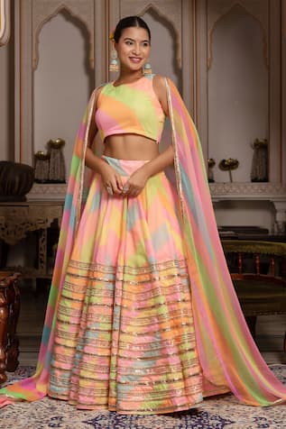 Pomcha Jaipur Radha Multicolor Leheriya Georgette Lehenga Set 