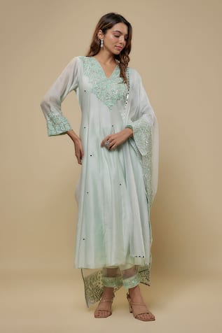 Asaga Mint Embroidered Anarkali Pant Set 