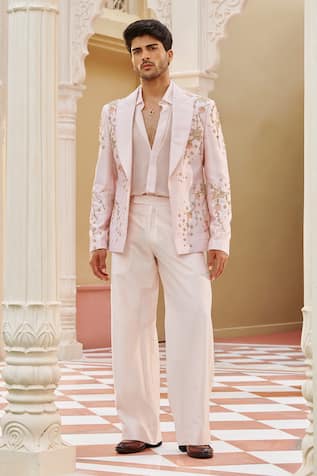 Contrast By Parth Pastel Pink Embellished Blazer & Pant Set 