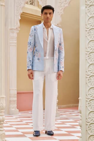 Contrast By Parth Powder Blue Embroidered Blazer Set 