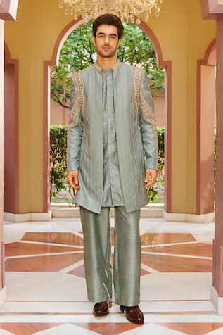 Contrast By Parth Muted Sage Green Sherwani Pant Set 