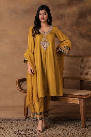 ISHA GUPTA TAYAL Golden Yellow Silk Embroidered Kurta Set 