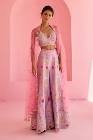 Chamee And Palak Ghazal Tulle Cape & Embroidered Pant Set 