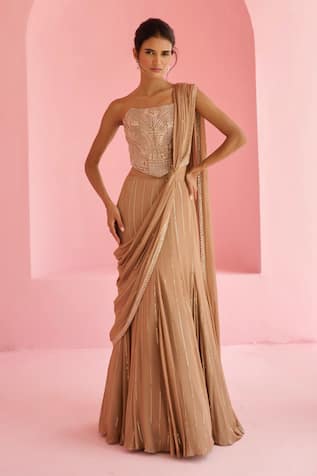 Chamee And Palak Stella Pre-Draped Saree & Embroidered Blouse Set 