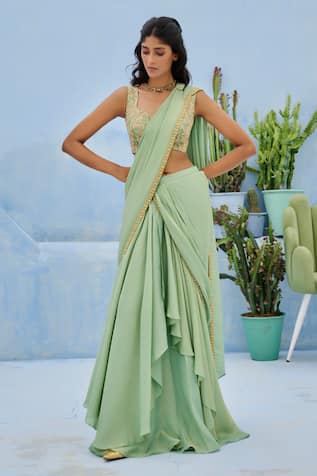 Chamee And Palak Haseen Pre-Drape Saree & Embroidered Blouse Set 