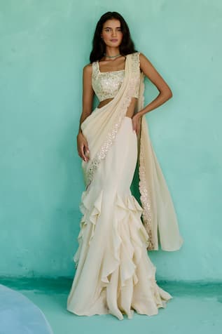 Chamee And Palak Ziya Pre-Draped Saree & Embroidered Blouse Set 