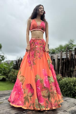 Basil Leaf Rose Print Lehenga Set 
