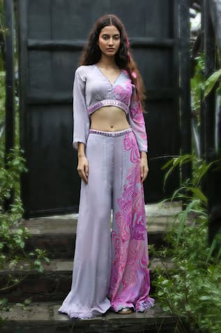 Basil Leaf Abstract Pattern Blouse & Pant Set 