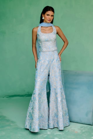 Chamee And Palak Mahin Embroidered Top & Flared Pant Set 