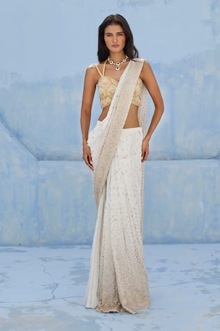 Chamee And Palak Noor Embroidered Blouse & Pre-Draped Saree Set 