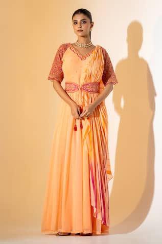 K-Anshika Leheriya Pattern Pre-Draped Saree With Belt 