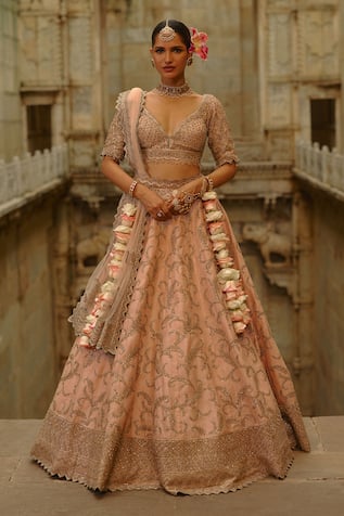 Nitika Gujral Peach Raw Silk Bridal Lehenga Set 