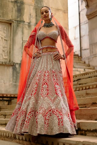 Nitika Gujral Hand Embroidered Red Bridal Lehenga Set 