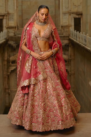 Nitika Gujral Rust Mirror Embroidered Bridal Lehenga Set 