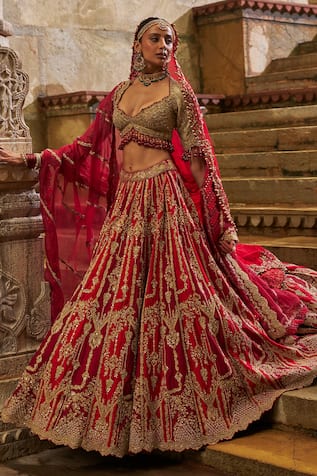 Nitika Gujral Red Maroon Raw Silk Bridal Lehenga Set 