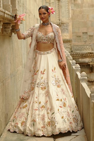 Nitika Gujral Cream Raw Silk Gota Work Lehenga Set 
