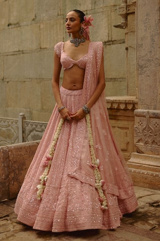 Nitika Gujral Pink Net Embroidered Bridal Lehenga Set 