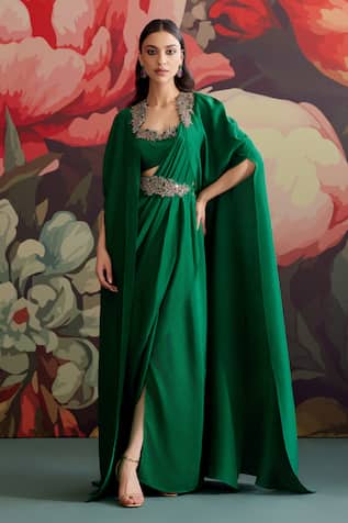 Parul And Preyanka Panna Embroidered Pre-Draped Saree With Cape 