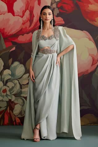 Parul And Preyanka Asmani Embroidered Pre-Draped Saree With Cape 