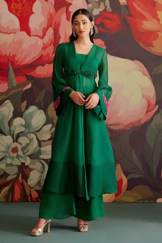 Parul And Preyanka Panna Sleeve Embroidered Jacket Set 