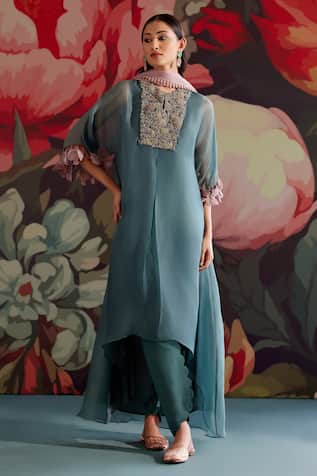 Parul And Preyanka Teal Sapphire Embroidered Kaftan Kurta Set 