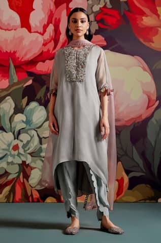 Parul And Preyanka Blue Opal Embroidered Kaftan Kurta Set 