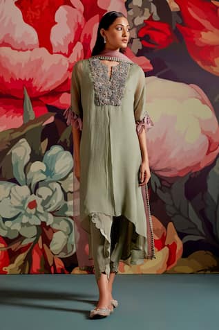 Parul And Preyanka Prasiolite Yoke Embroidered Kaftan Kurta Set 