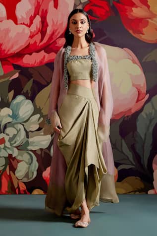 Parul And Preyanka Pembe Embroidered Jacket Skirt Set 