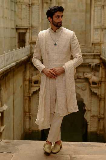 Nitika Gujral Beige Geometric Embroidered Raw Silk Sherwani Set 