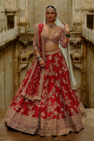 Nitika Gujral Red Raw Silk Multi-Bead Work Bridal Lehenga Set 