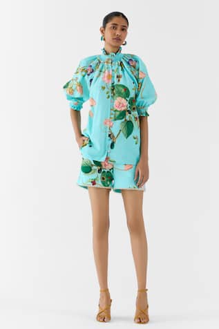 Studio Rigu Blue Blossom Ruching Shirt & Shorts Set 