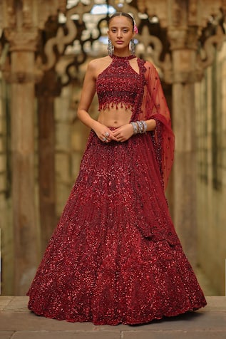 Nitika Gujral Burgundy Embellished Lehenga Set 