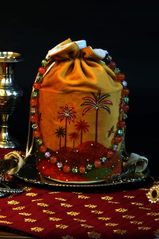 Mid July Home Sunset Orange Embroidered Velvet Potli Bag 