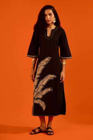 Indian Summer Story Black Cotton Thread Embroidered Dress 