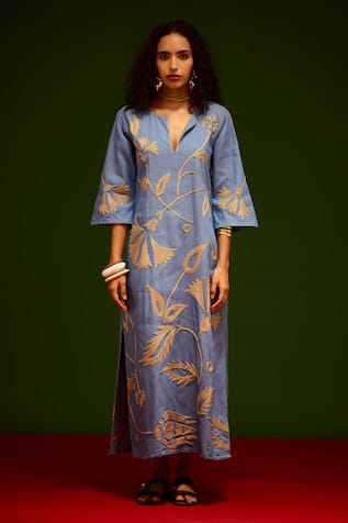 Indian Summer Story Natural Botanical Thread Embroidered Dress 