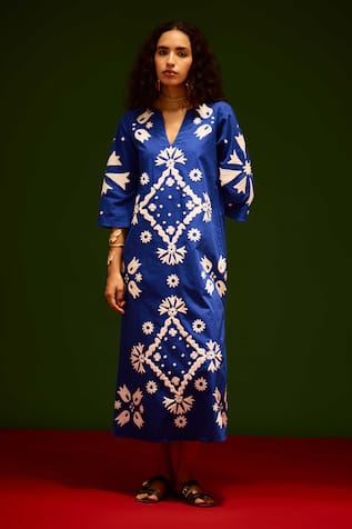 Indian Summer Story Sitara Thread Embroidered Cotton Dress 