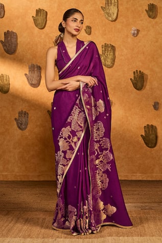 Masaba Berry Wine Zen Saree With Unstitched Blouse Piece
