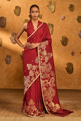 Masaba Red Zen Saree With Unstitched Blouse Piece