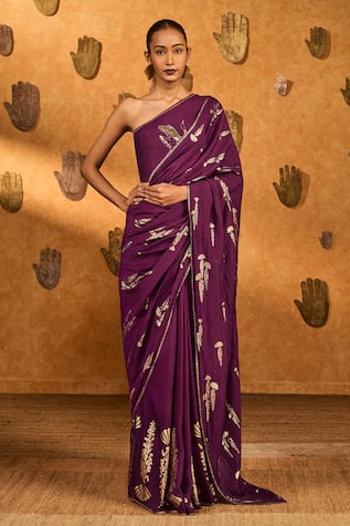 Masaba Berry Cherry Wine Saree With Unstitched Blouse Piece