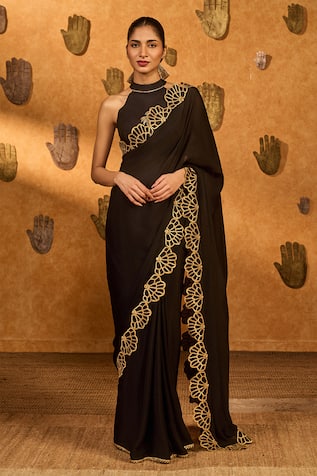 Masaba Black Windrose Saree With Unstitched Blouse Piece