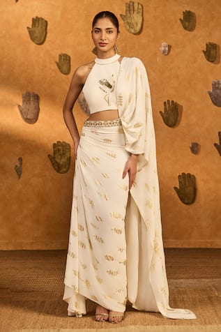 Masaba Ivory Soft Lantern Sticthed Saree With Blouse 