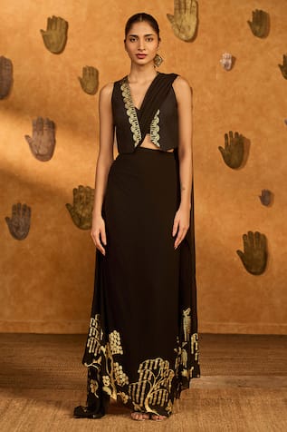 Masaba Black Zen Stitched Pre-Draped Saree & Jacket Set 