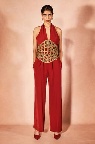 Nirmooha Flame Orange Jumpsuit With Belt 
