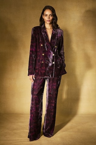 Nirmooha Plum Monogram Velvet Set 