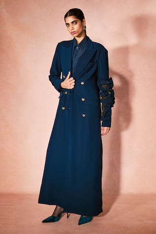 Nirmooha Midnight Blue Trench Coat & Shorts Set 