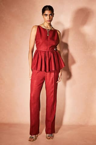 Nirmooha Flame Orange Peplum Top & Pant Set 