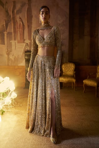 Seema Gujral Gold Tonal Embroidered Slit Skirt Set 