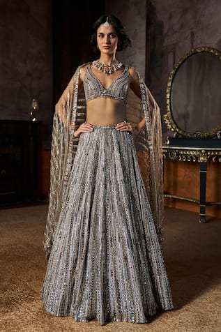 Seema Gujral Charcoal Crystal Embroidered Lehenga Set 