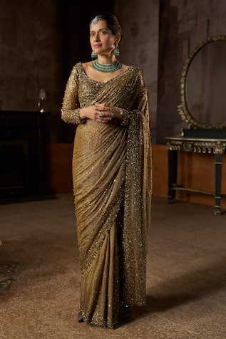 Seema Gujral Antique Gold Georgette Sequin Saree With Blouse 
