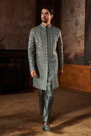 Seema Gujral Charcoal Metallic Embroidered Sherwani Set 